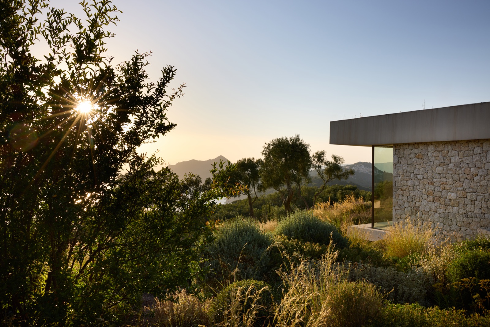 Villa exterior at golden hour