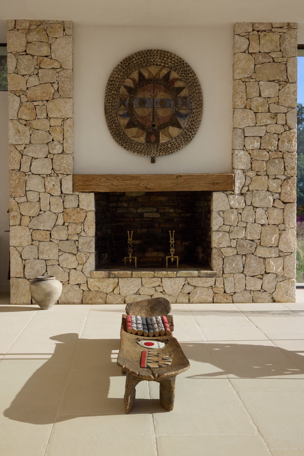 Living room with stone fireplace